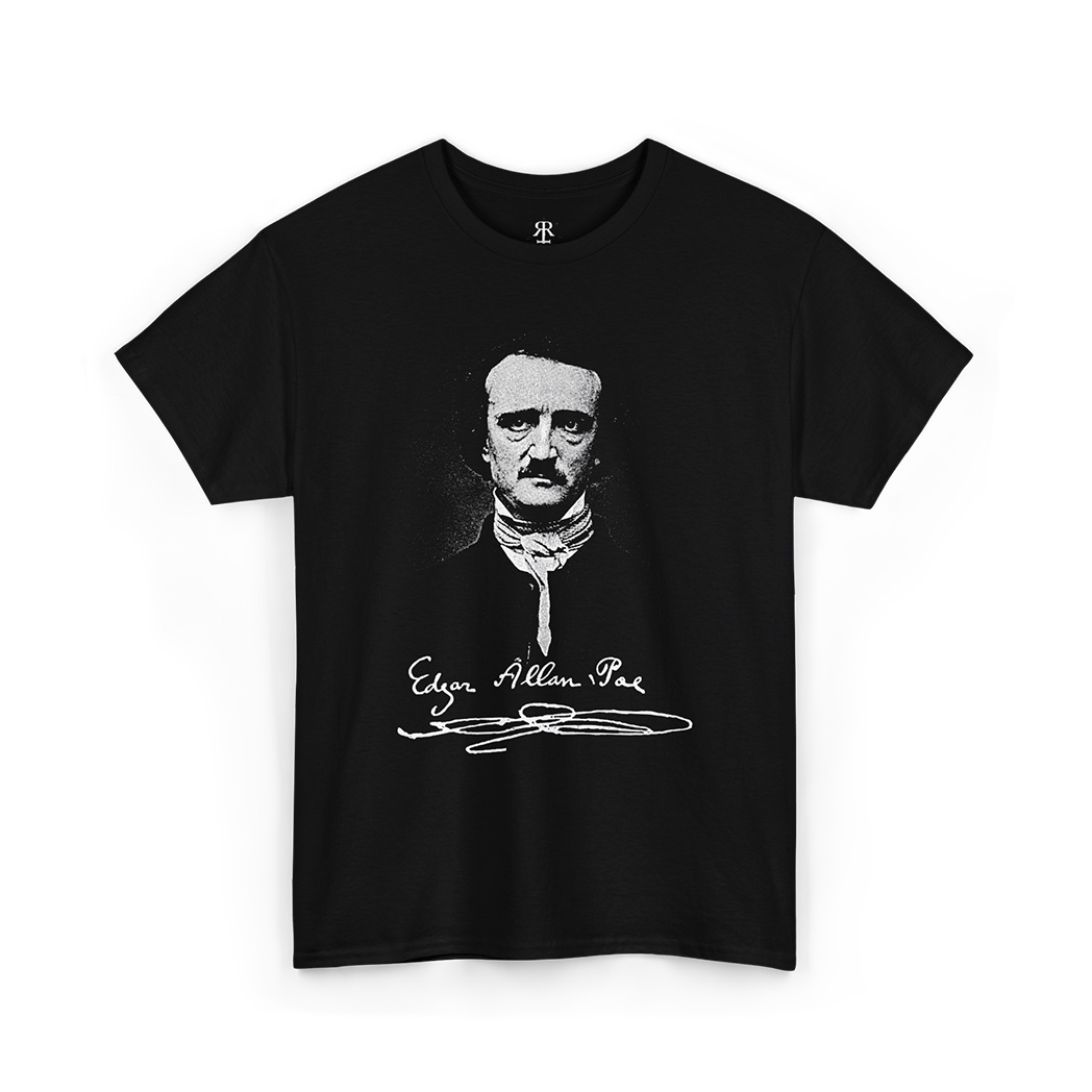 Black T-shirt featuring a white silhouette illustration of Edgar Allan Poe and his signature.