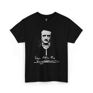Black T-shirt featuring a white silhouette illustration of Edgar Allan Poe and his signature.