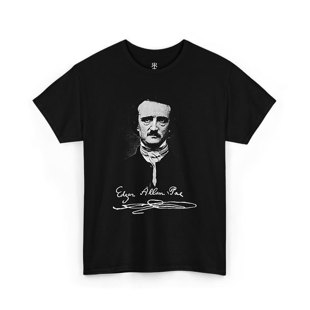 Black T-shirt featuring a white silhouette illustration of Edgar Allan Poe and his signature.