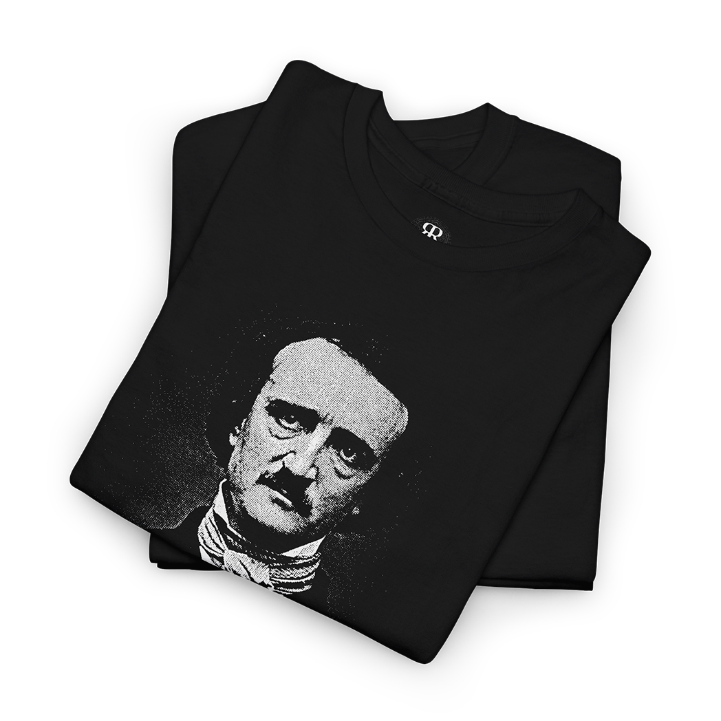 Black T-shirt featuring a white silhouette illustration of Edgar Allan Poe and his signature.