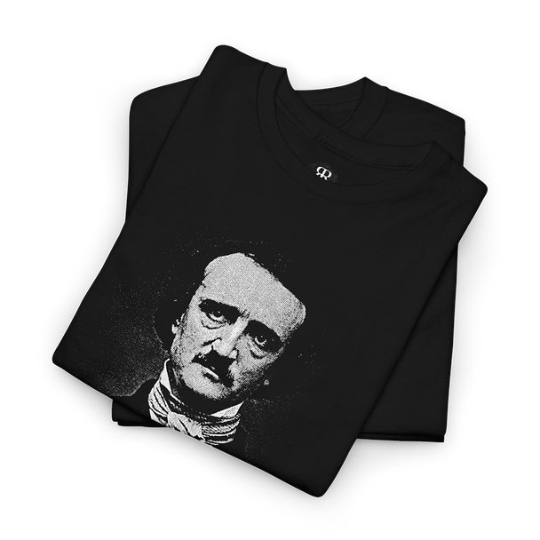 Black T-shirt featuring a white silhouette illustration of Edgar Allan Poe and his signature.