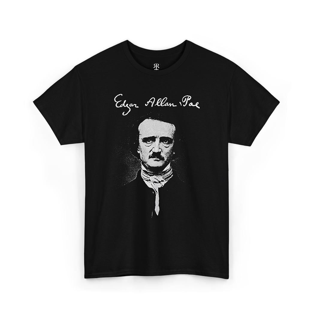 Black T-shirt featuring a white silhouette illustration of Edgar Allan Poe and his signature.