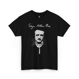 Black T-shirt featuring a white silhouette illustration of Edgar Allan Poe and his signature.