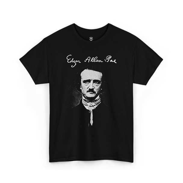Black T-shirt featuring a white silhouette illustration of Edgar Allan Poe and his signature.