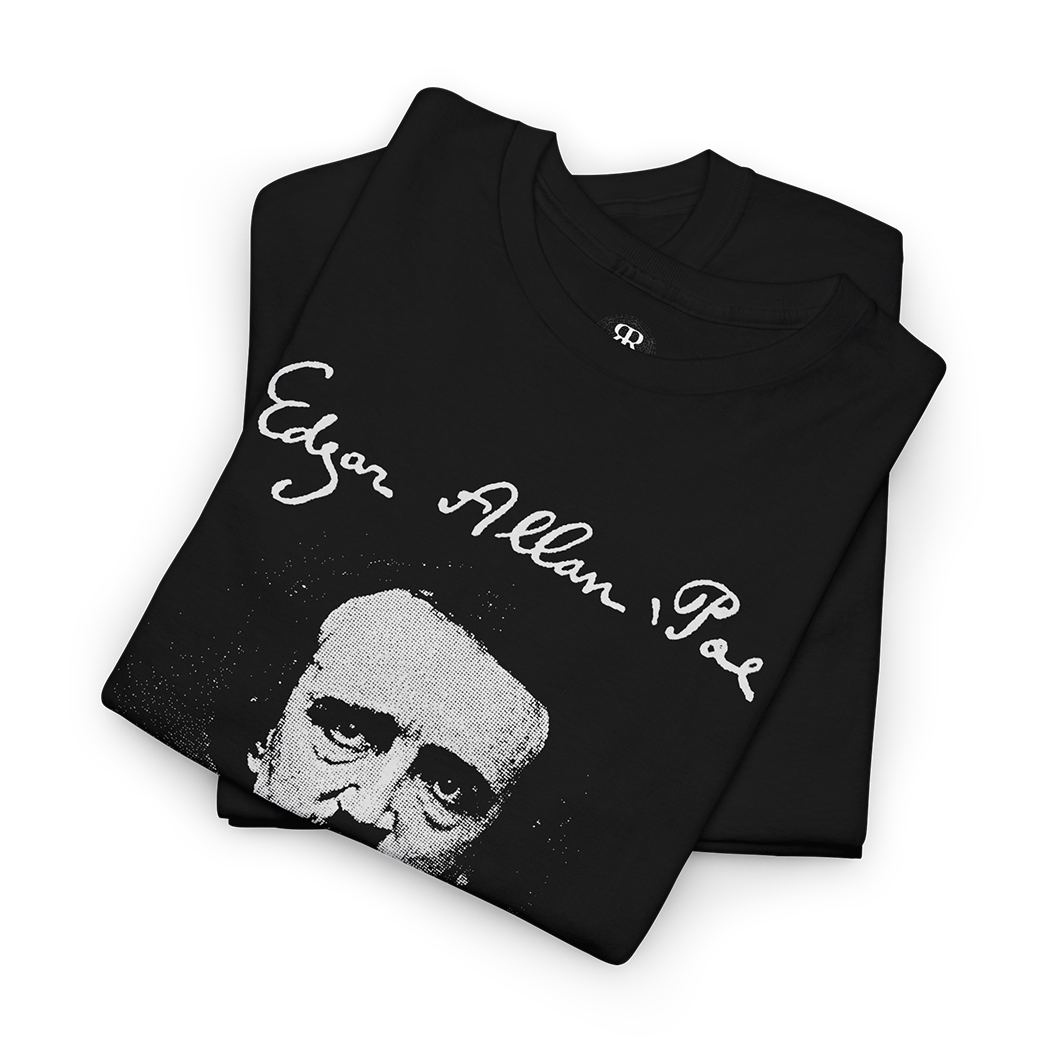 Folded black T-shirt featuring a white silhouette illustration of Edgar Allan Poe and his signature.
