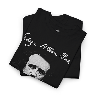 Folded black T-shirt featuring a white silhouette illustration of Edgar Allan Poe and his signature.