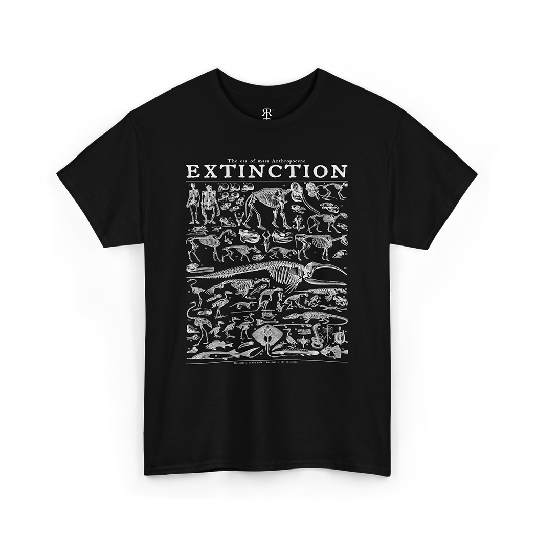 A black t-shirt with a graphic print of various extinct animals and prehistoric creatures.