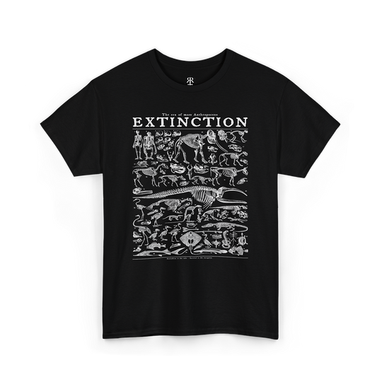 A black t-shirt with a graphic print of various extinct animals and prehistoric creatures.