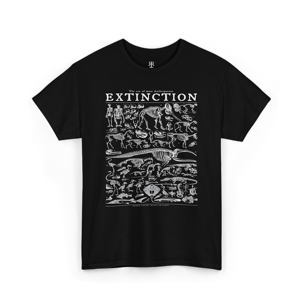 A black t-shirt with a graphic print of various extinct animals and prehistoric creatures.