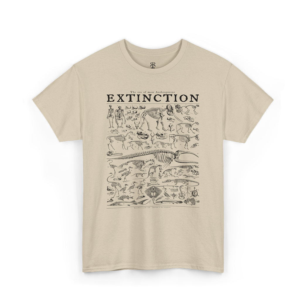 A beige t-shirt with a graphic print of various extinct animals and prehistoric creatures.