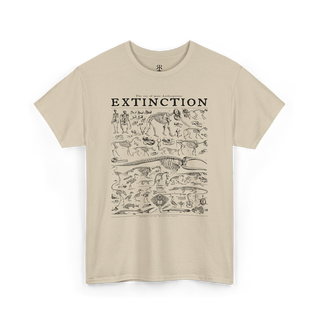 A beige t-shirt with a graphic print of various extinct animals and prehistoric creatures.