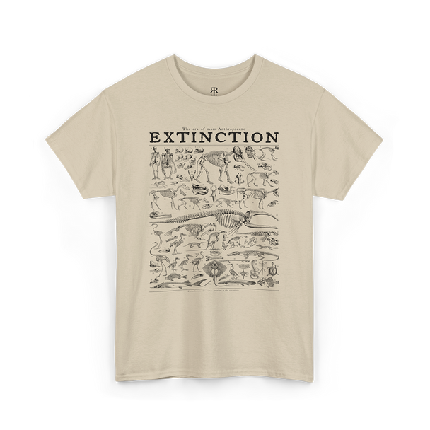A beige t-shirt with a graphic print of various extinct animals and prehistoric creatures.