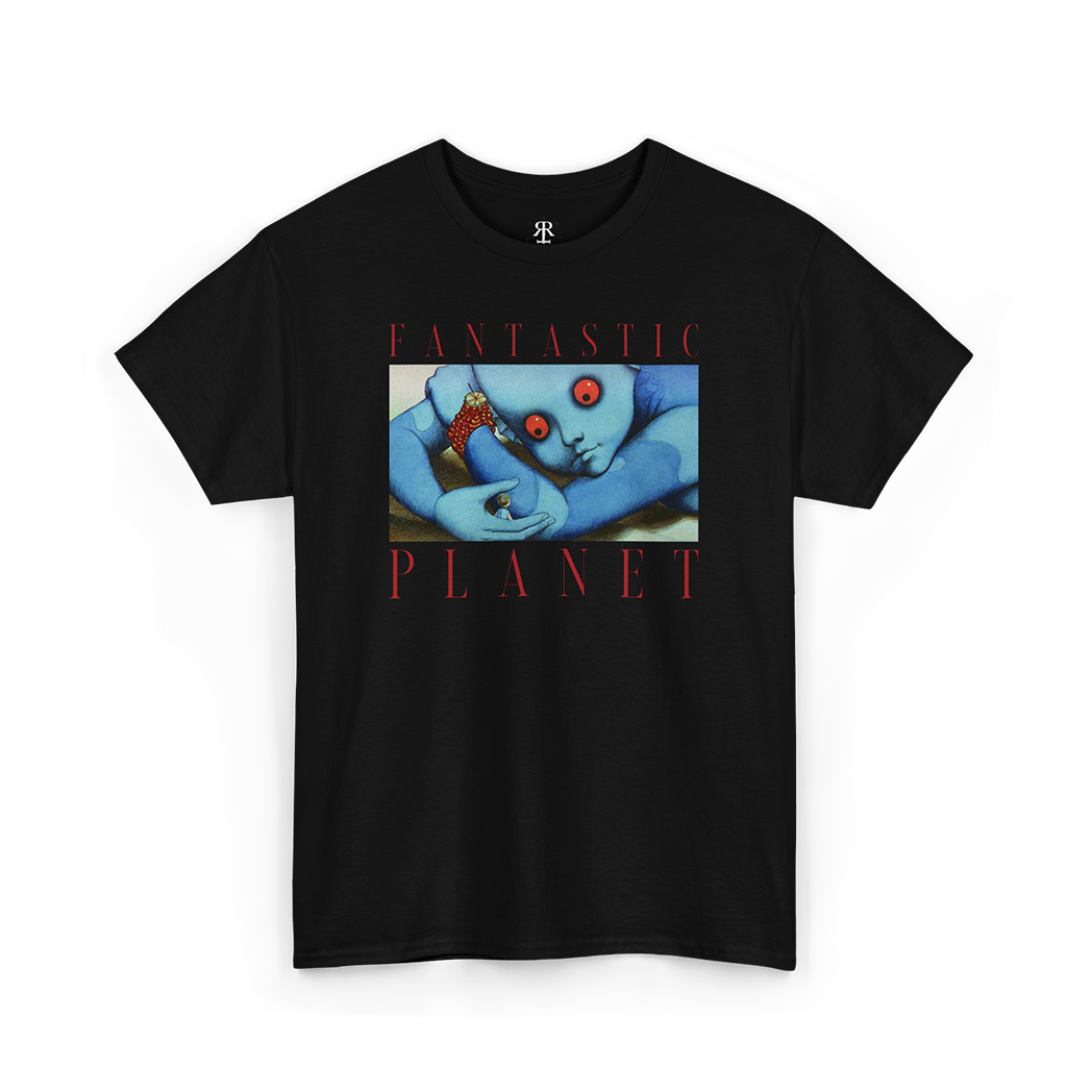 Black t-shirt with 'FANTASTIC PLANET' text and an image of animated blue creatures on it.