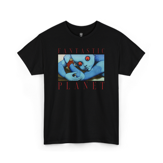 Black t-shirt with 'FANTASTIC PLANET' text and an image of animated blue creatures on it.