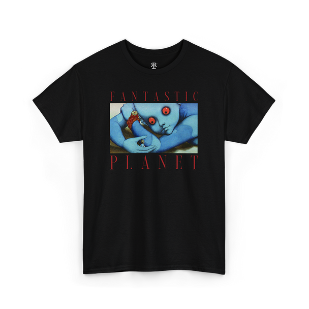 Black t-shirt with 'FANTASTIC PLANET' text and an image of animated blue creatures on it.