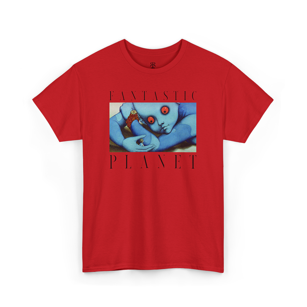 Red t-shirt with 'FANTASTIC PLANET' text and an image of animated blue creatures on it.