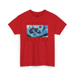 Red t-shirt with 'FANTASTIC PLANET' text and an image of animated blue creatures on it.