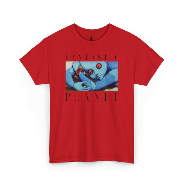 Red t-shirt with 'FANTASTIC PLANET' text and an image of animated blue creatures on it.