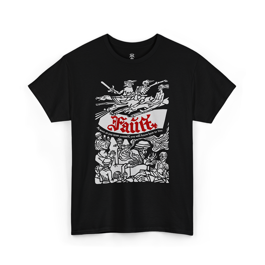 A black t-shirt with a white graphic print of a scene from the book 'Faust' by Johann Wolfgang von Goethe.