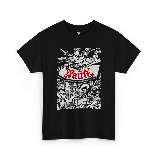 A black t-shirt with a white graphic print of a scene from the book 'Faust' by Johann Wolfgang von Goethe.