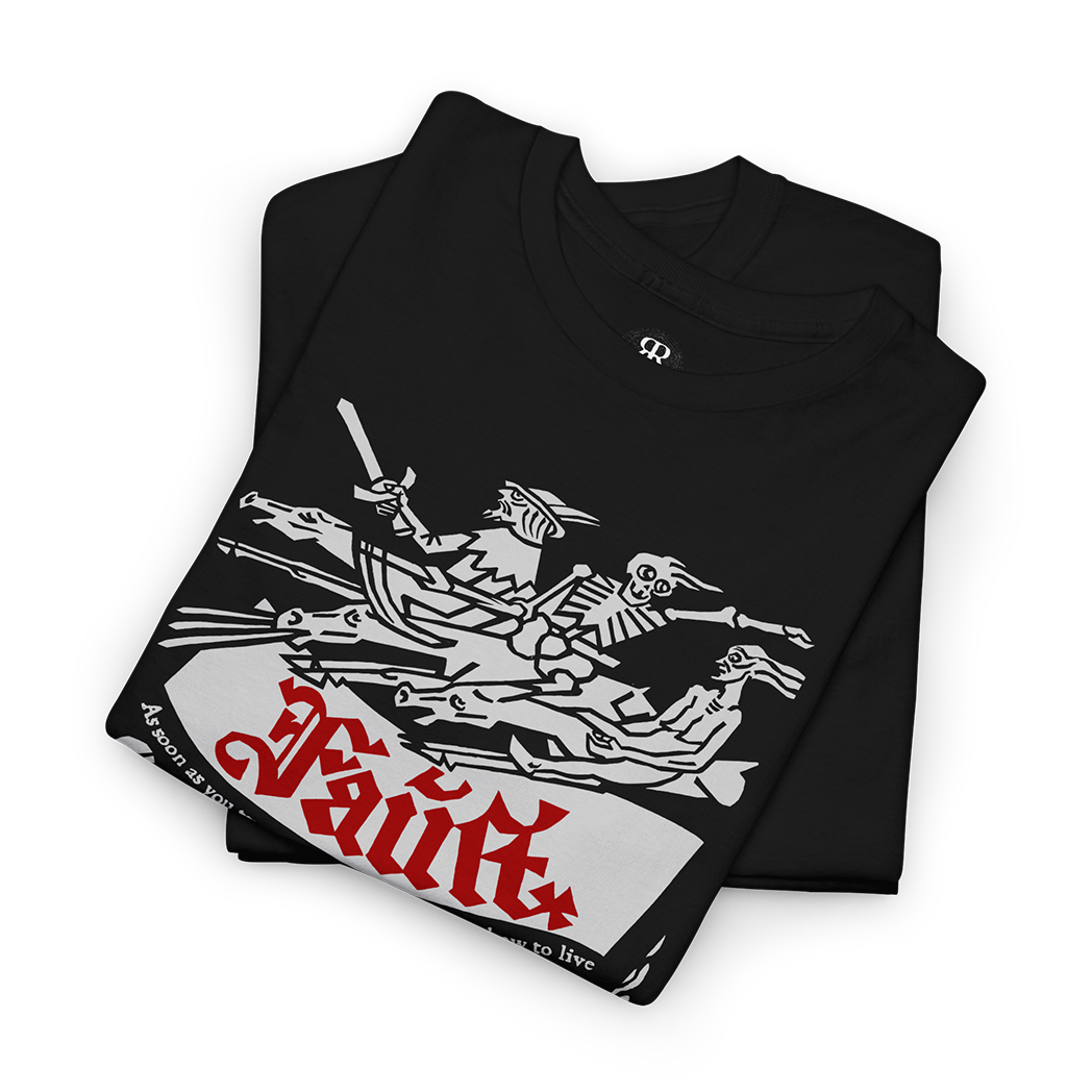 A black t-shirt with a white graphic print of a scene from the book 'Faust' by Johann Wolfgang von Goethe.