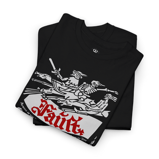 A black t-shirt with a white graphic print of a scene from the book 'Faust' by Johann Wolfgang von Goethe.