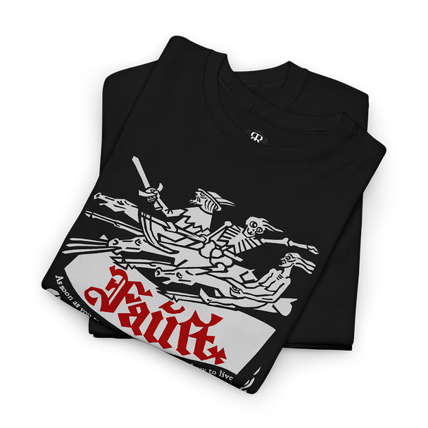 A black t-shirt with a white graphic print of a scene from the book 'Faust' by Johann Wolfgang von Goethe.