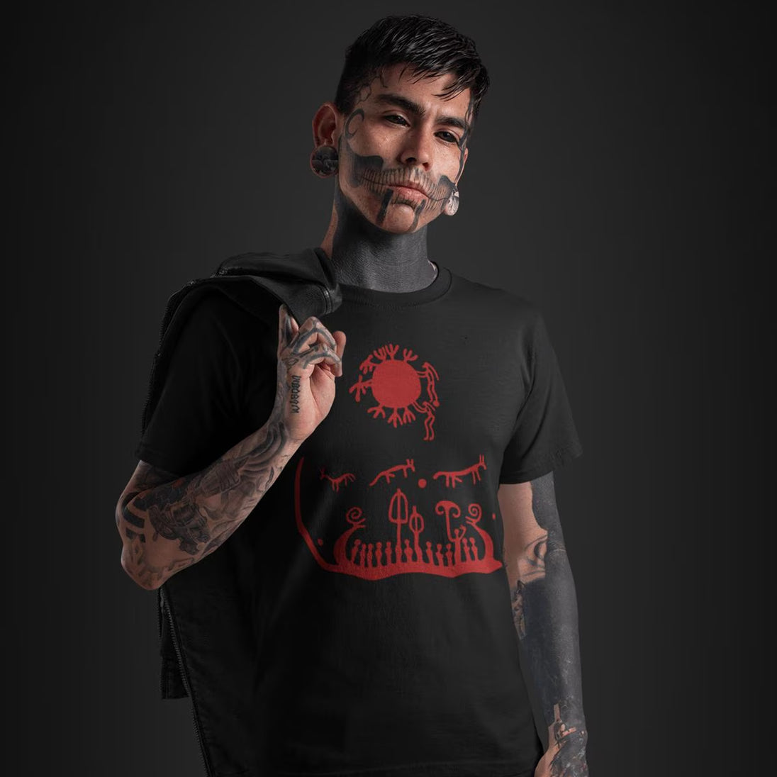 Man wearing black Tanum Rock T-Shirt