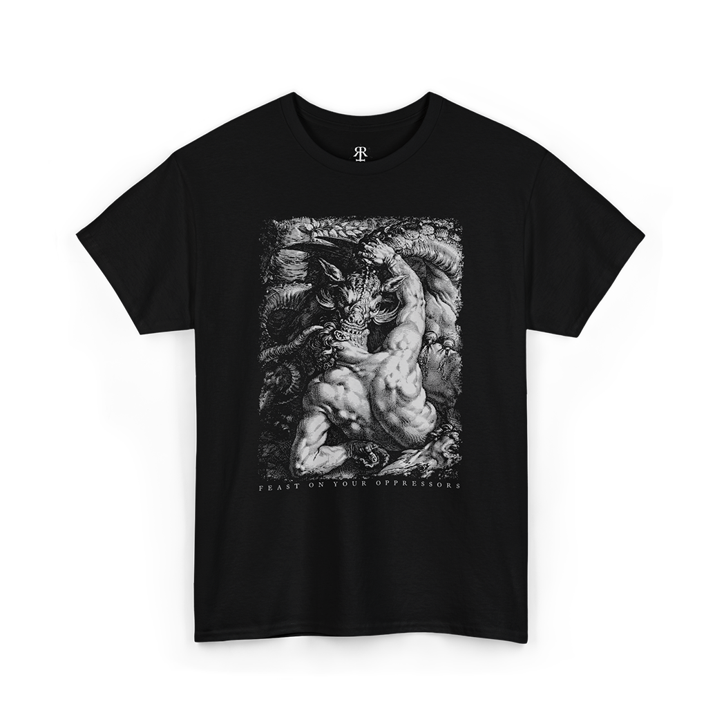 Black t-shirt showing The image "The Dragon Devouring the Companions of Cadmus"