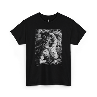Black t-shirt showing The image "The Dragon Devouring the Companions of Cadmus"