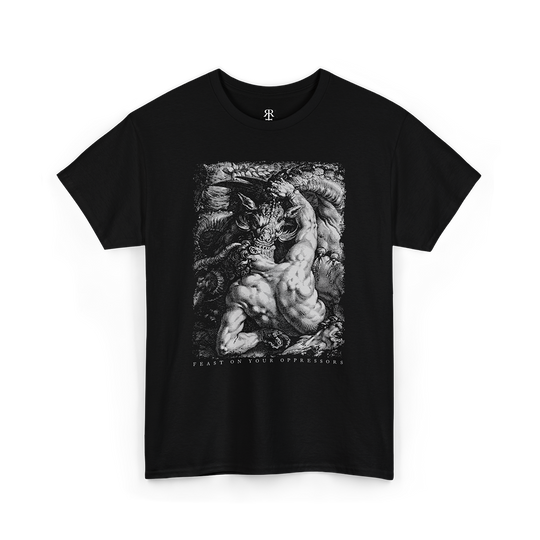 Black t-shirt showing The image "The Dragon Devouring the Companions of Cadmus"