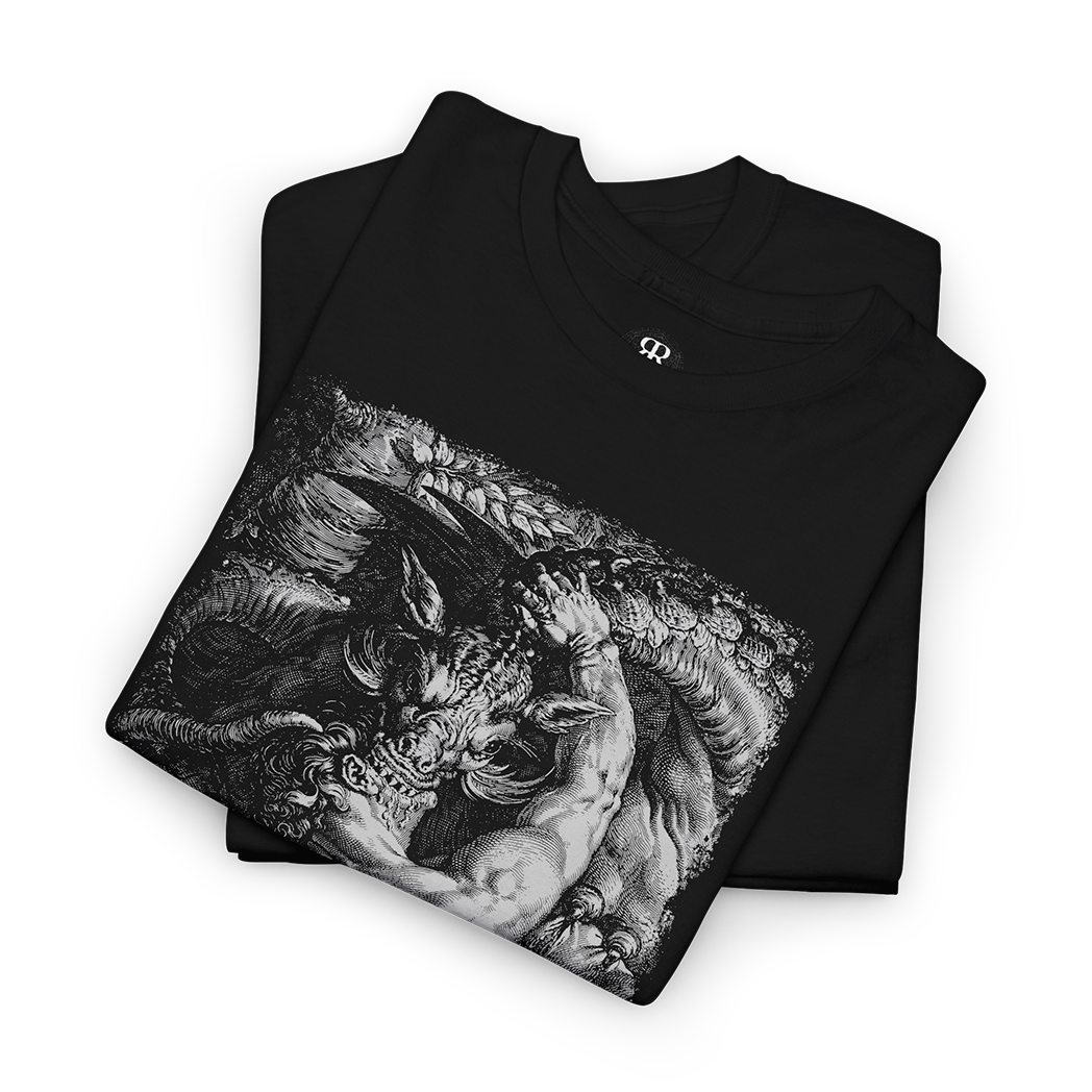 Black t-shirt showing The image "The Dragon Devouring the Companions of Cadmus"