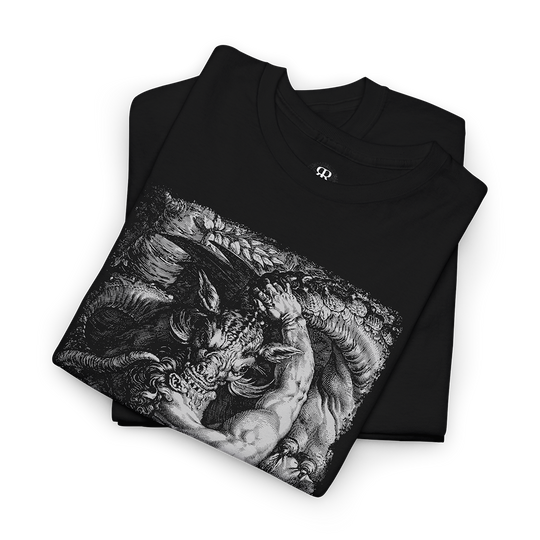 Black t-shirt showing The image "The Dragon Devouring the Companions of Cadmus"