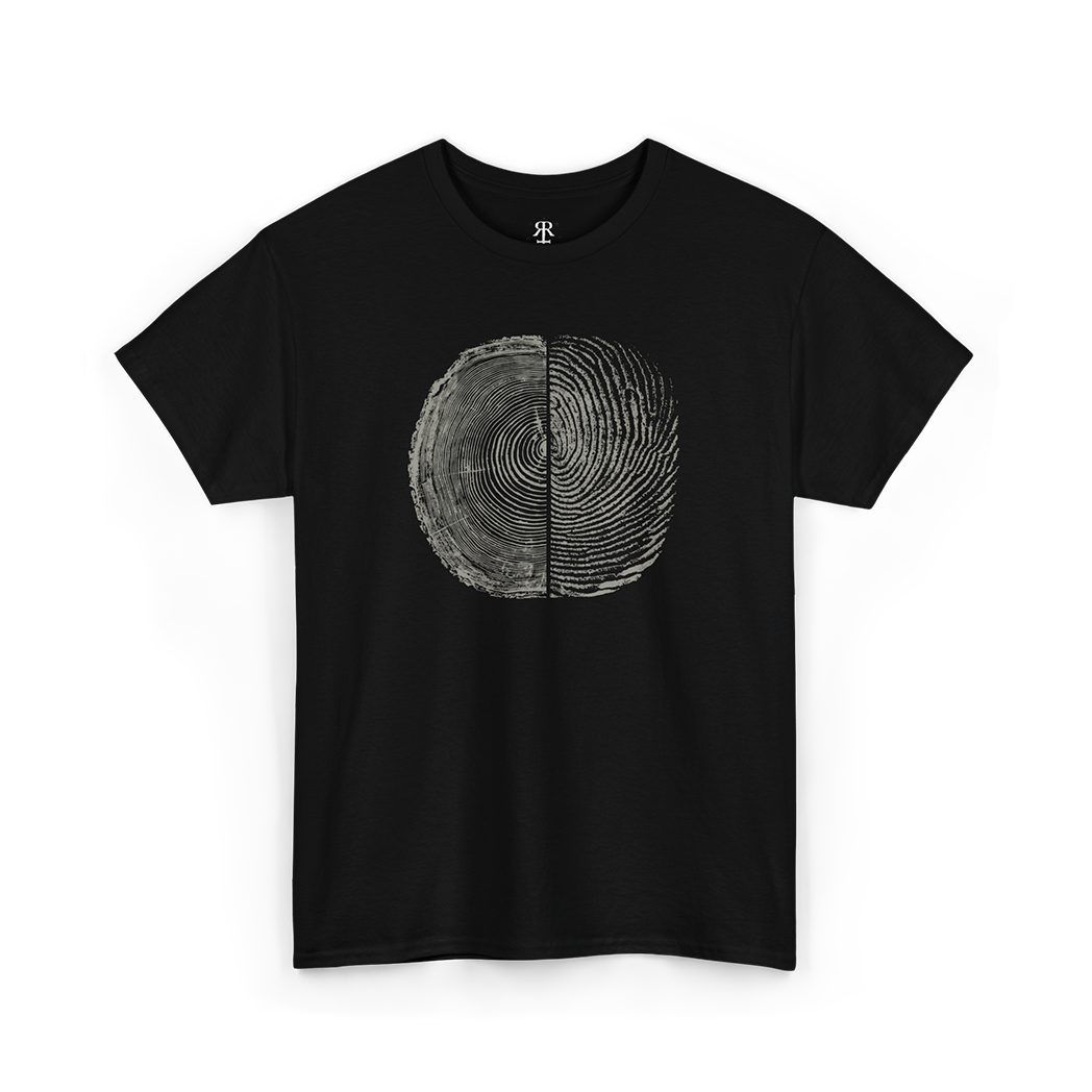A black crew neck t-shirt with a graphic of tree rings and human fingerprint merged as one.