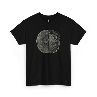 A black crew neck t-shirt with a graphic of tree rings and human fingerprint merged as one.