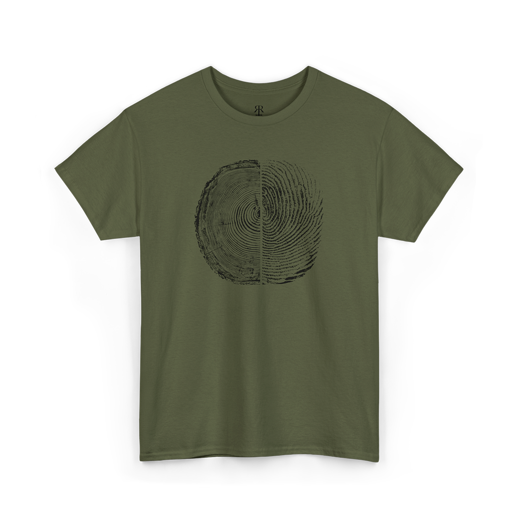 A olive green crew neck t-shirt with a graphic of tree rings and human fingerprint merged as one.