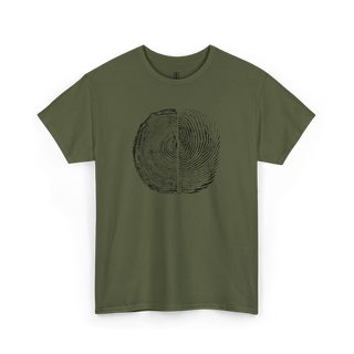 A olive green crew neck t-shirt with a graphic of tree rings and human fingerprint merged as one.