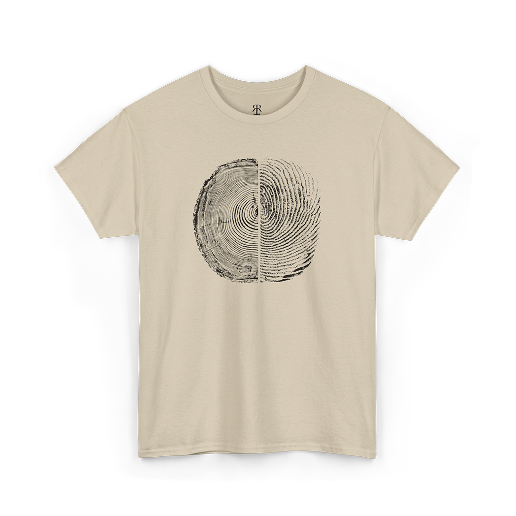 A beige crew neck t-shirt with a graphic of tree rings and human fingerprint merged as one.