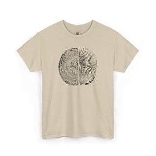 A beige crew neck t-shirt with a graphic of tree rings and human fingerprint merged as one.