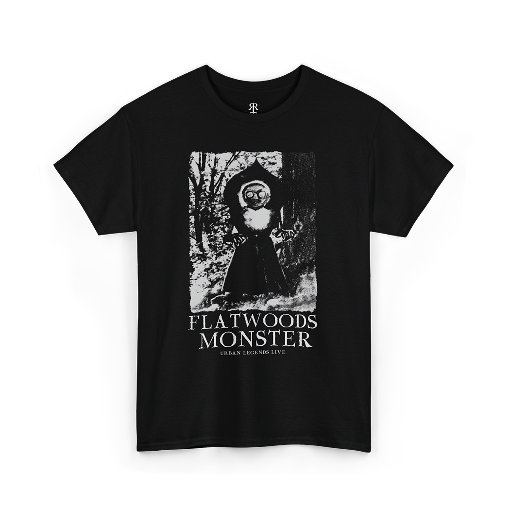 Black t-shirt with a monochrome graphic print of the Flatwoods Monster and the text 'FLATWOODS MONSTER' on the front.