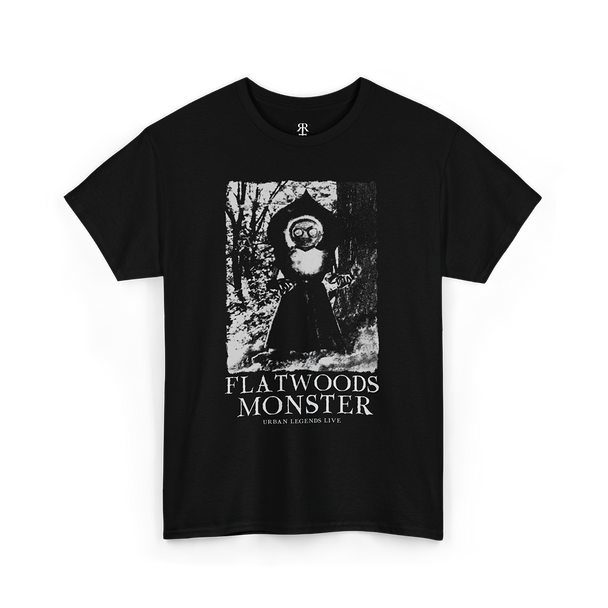 Black t-shirt with a monochrome graphic print of the Flatwoods Monster and the text 'FLATWOODS MONSTER' on the front.
