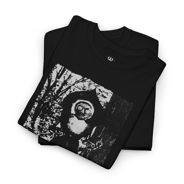 Black t-shirt with a monochrome graphic print of the Flatwoods Monster and the text 'FLATWOODS MONSTER' on the front.