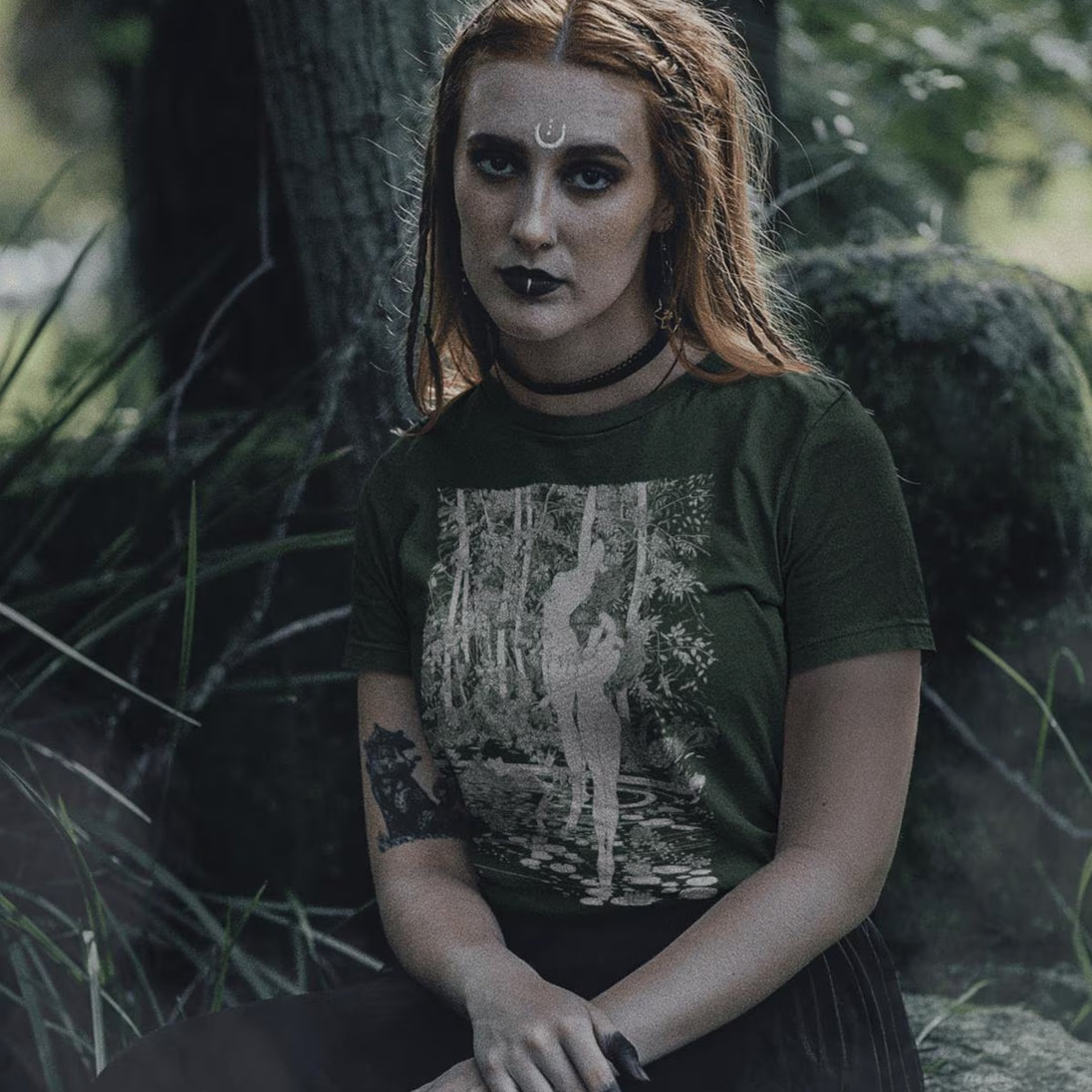 Woman wearing Forest Nymphs T-Shirt, in forest setting