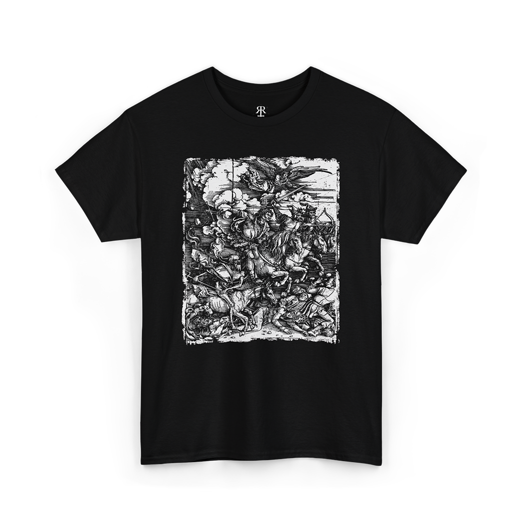 A black t-shirt with a printed design featuring the Four Horsemen of the Apocalypse.