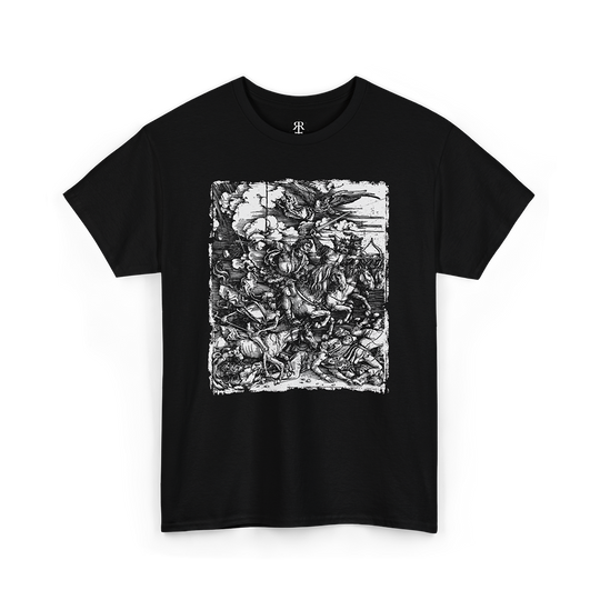A black t-shirt with a printed design featuring the Four Horsemen of the Apocalypse.