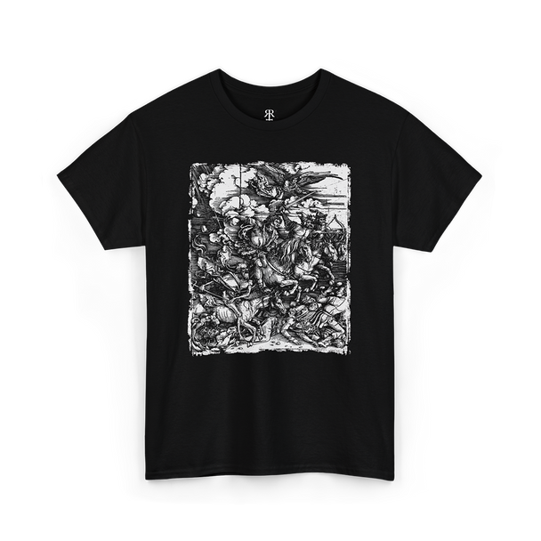 A black t-shirt with a printed design featuring the Four Horsemen of the Apocalypse.