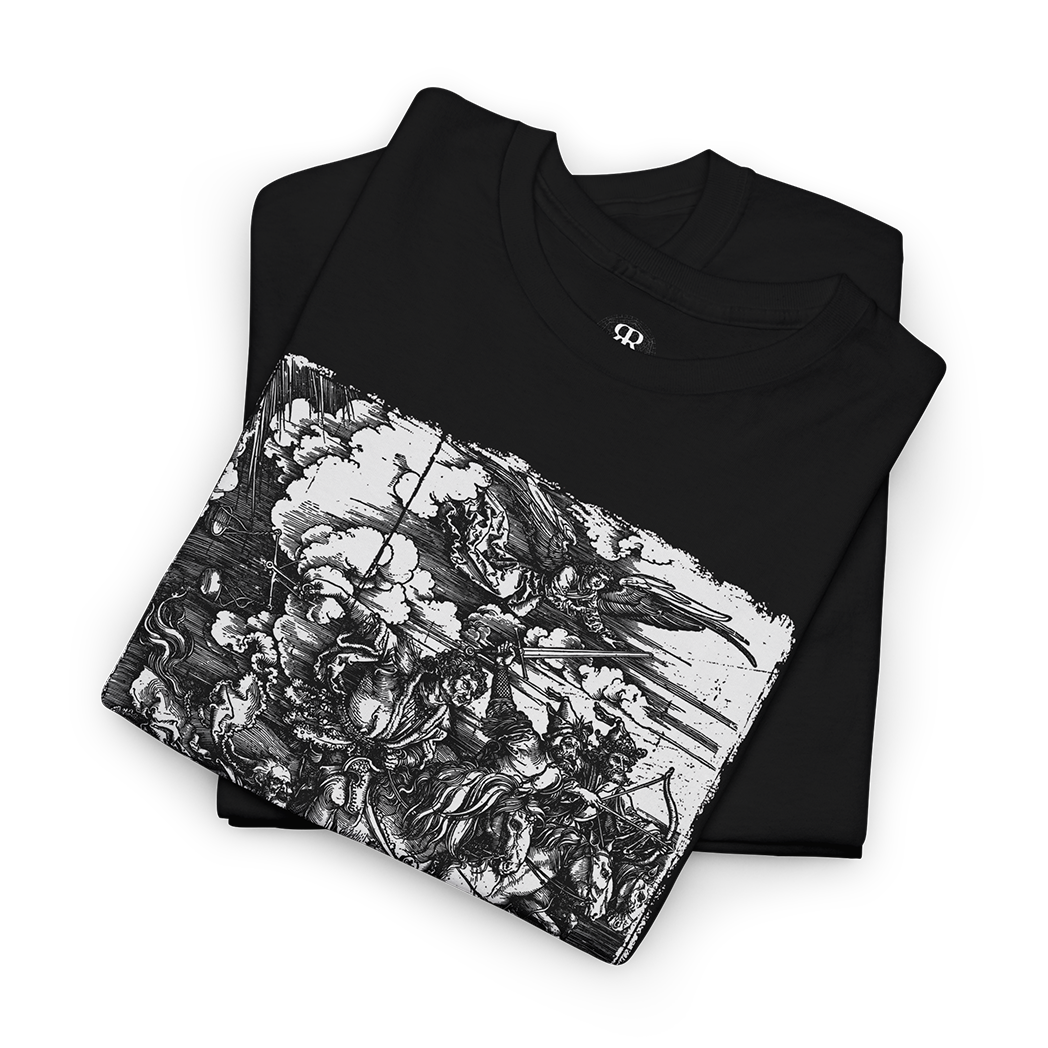 A black t-shirt with a printed design featuring the Four Horsemen of the Apocalypse.