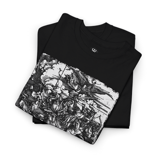 A black t-shirt with a printed design featuring the Four Horsemen of the Apocalypse.