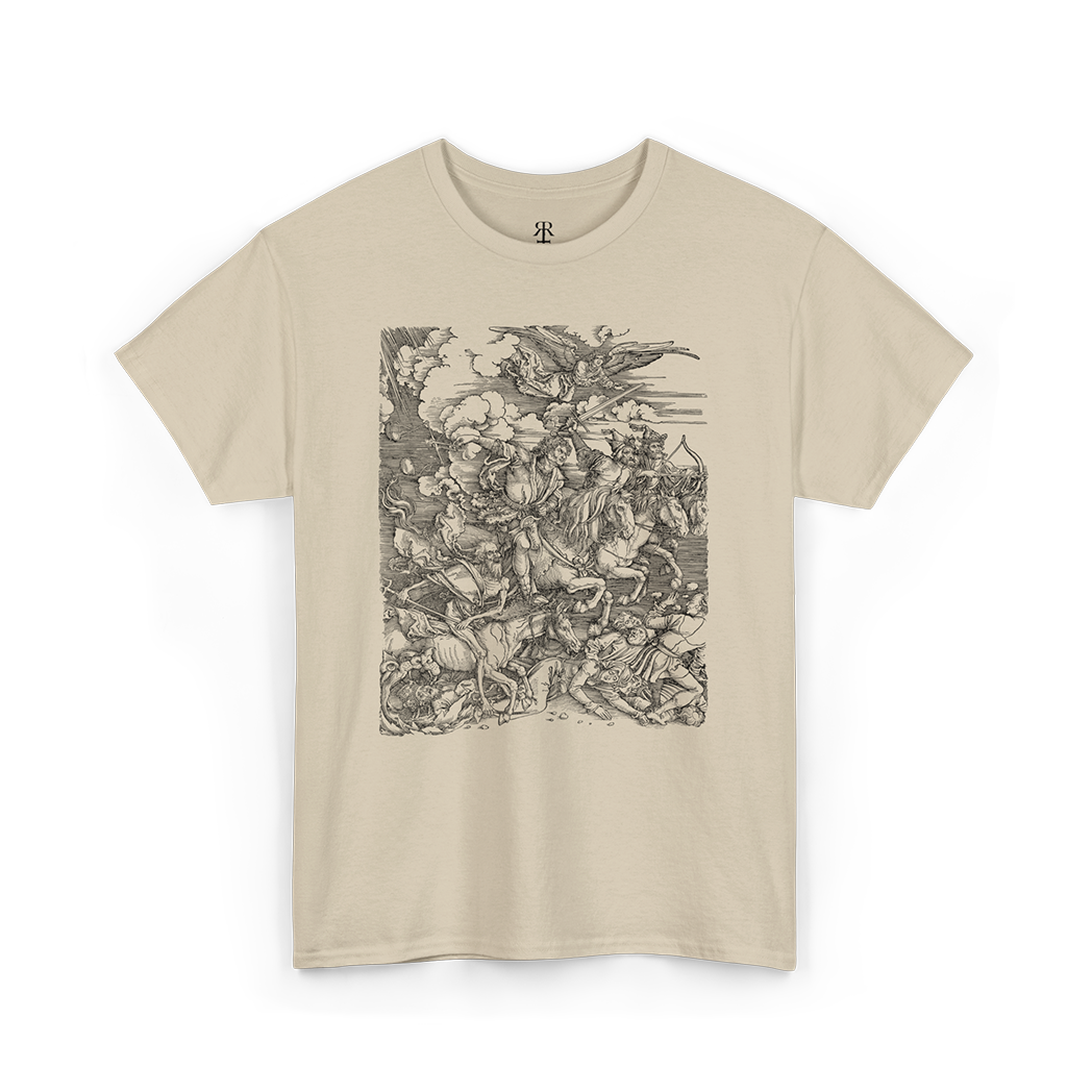 A beige t-shirt with a printed design featuring the Four Horsemen of the Apocalypse.