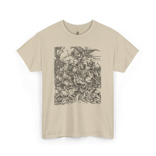 A beige t-shirt with a printed design featuring the Four Horsemen of the Apocalypse.